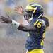 Michigan junior quarterback Denard Robinson smiles as he gets the crowd pumped up in between plays and before a second rain delay during the third quarter of the season home opener against Western Michigan at Michigan Stadium on Saturday. Melanie Maxwell I AnnArbor.com